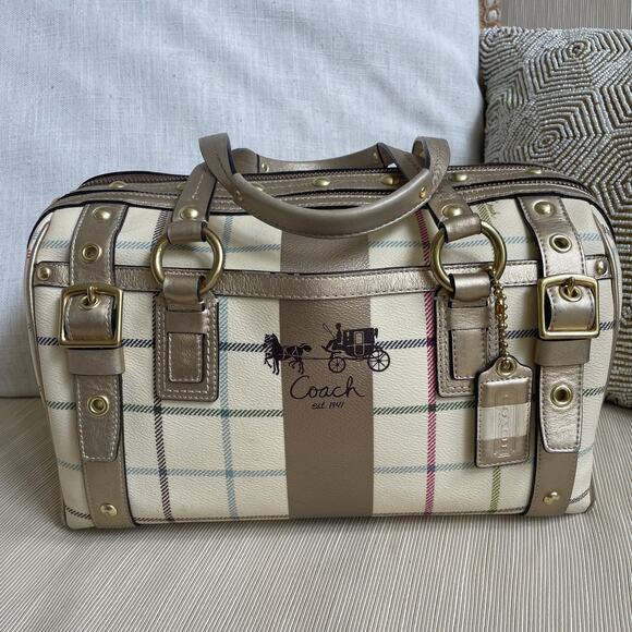 Coach Handbags - Rare Coach Heritage Stripe Tattersall Gold XL Satchel 13040 Plaid, Metallic NWOT